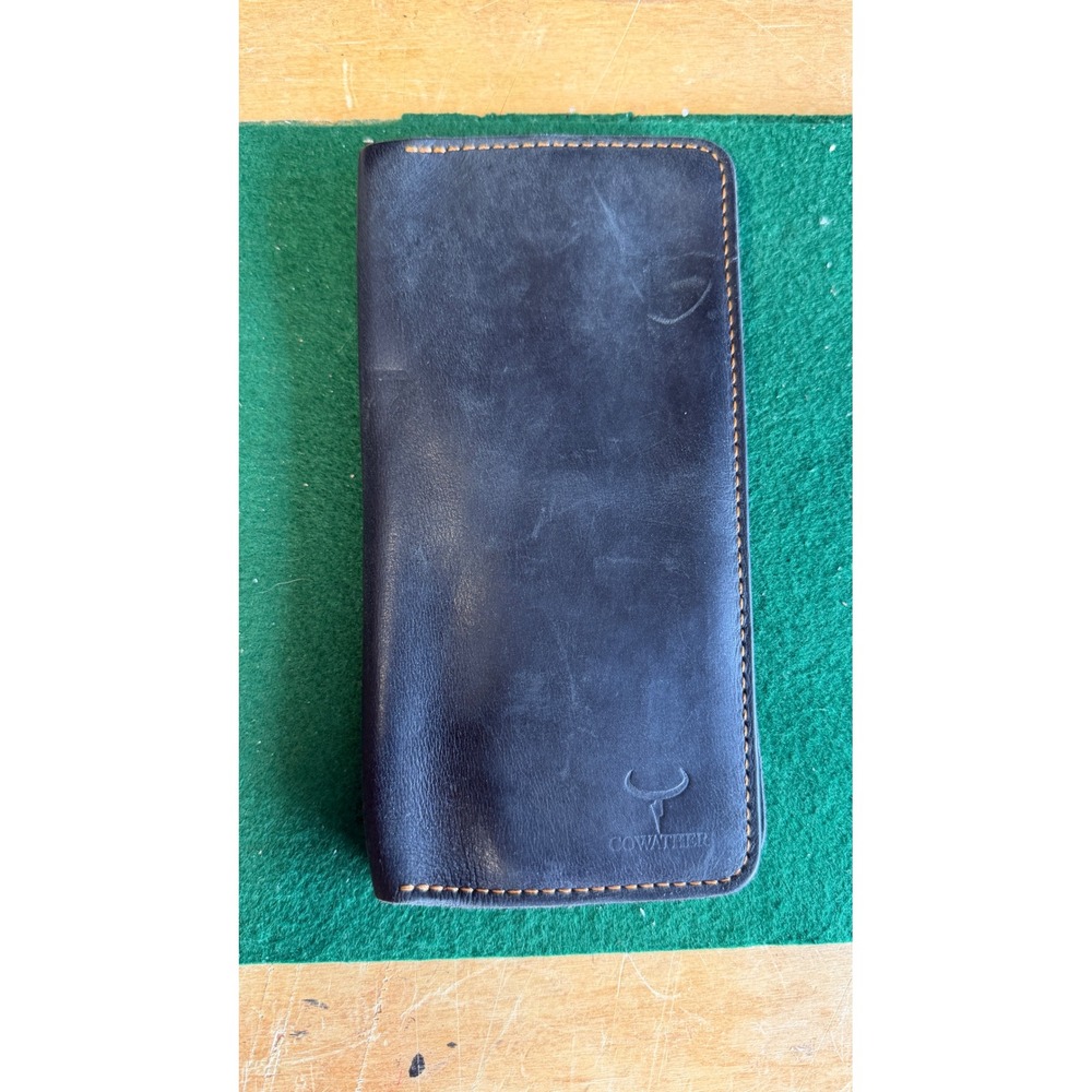 Cowather Handmade Genuine Leather Long Bifold Wallet Navy Blue Slim Tall Wallet
